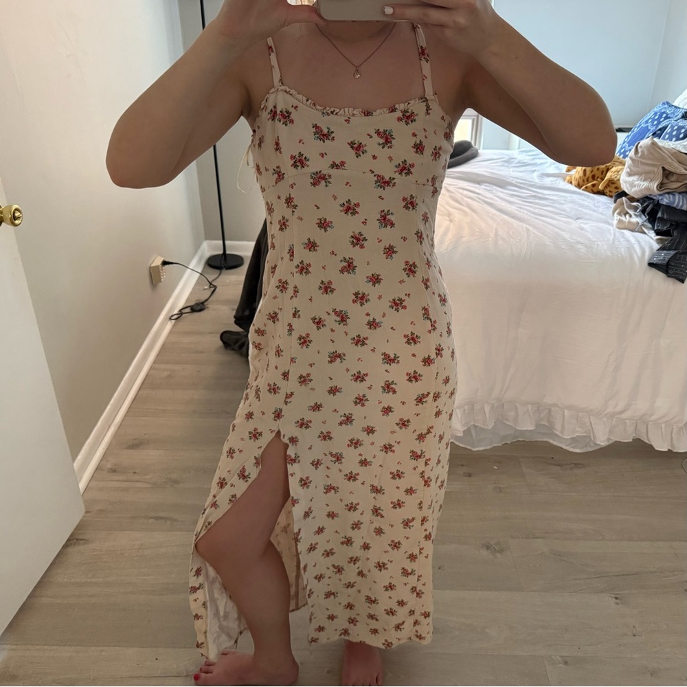 Zara Cream Floral Tie Shoulder Sleeveless Midi Dress